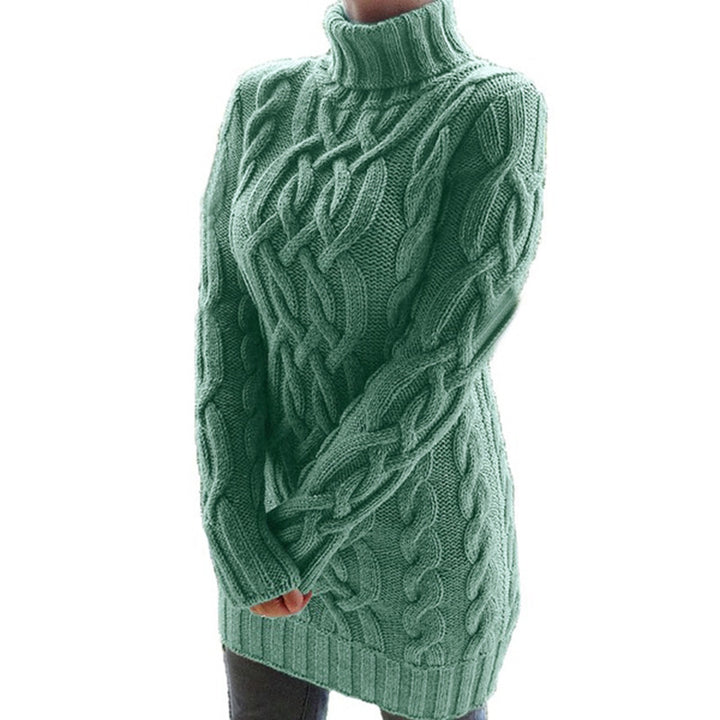 Women Oversized Knit Dress with Distinctive Cable Pattern and Turtleneck Mune Fashion