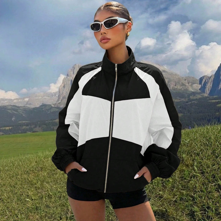 Women’s Lightweight Windbreaker Jacket with High Stand Collar and Colorblock Design Mune Fashion