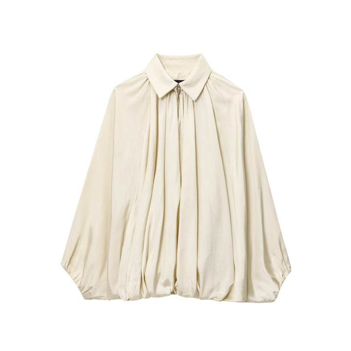 Women's wide pleated shirt blouse jacket with shirt collar, zipper and balloon-shaped hem Mune Fashion