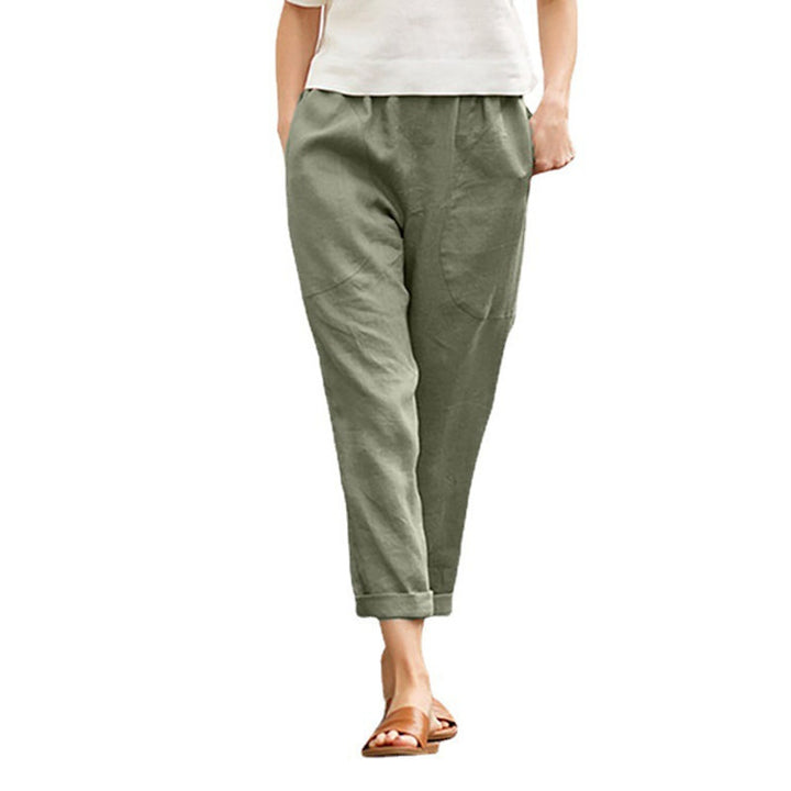 Women's light linen pants with elastic waistband, side pockets, and rolled hem Mune Fashion