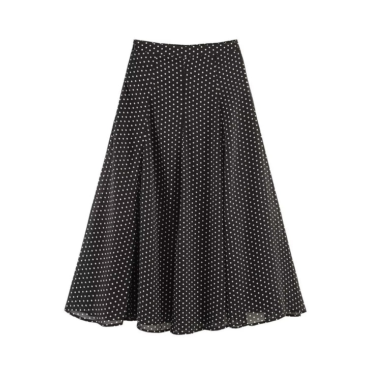 Women's Two-Piece Polka Dot Set with Stand Collar Blouse and Flared Midi Skirt Mune Fashion