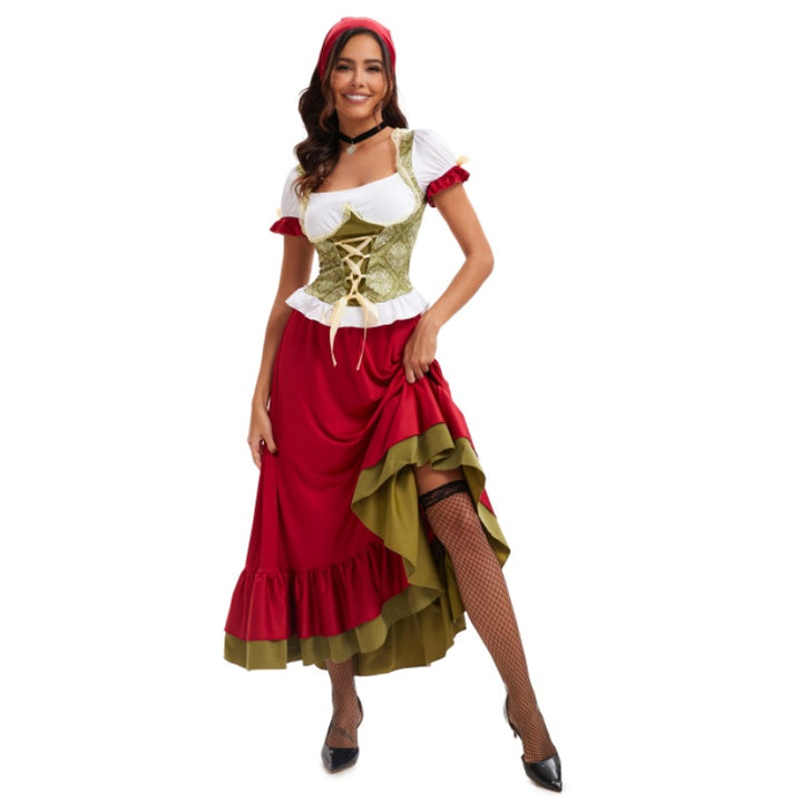 Women’s short traditional dress in Dirndl style with floral lace apron, laced bodice front and gathered Carmen blouse Mune Fashion