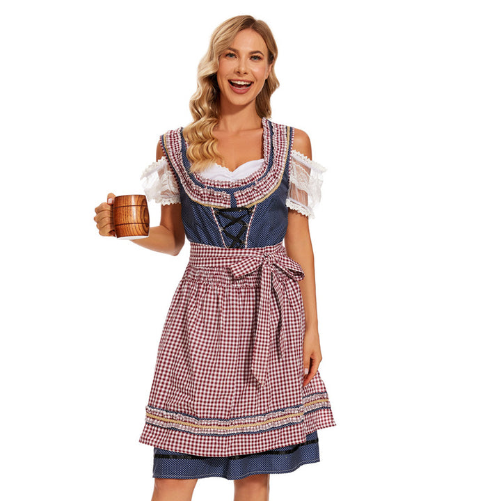 Ladies traditional dirndl dress with checked apron skirt, lacing and lace sleeves Mune Fashion