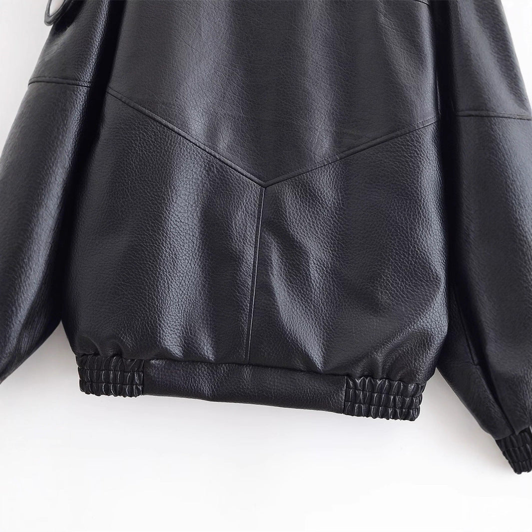 Ladies leather jacket with high stand-up collar and asymmetrical snap button placket Mune Fashion