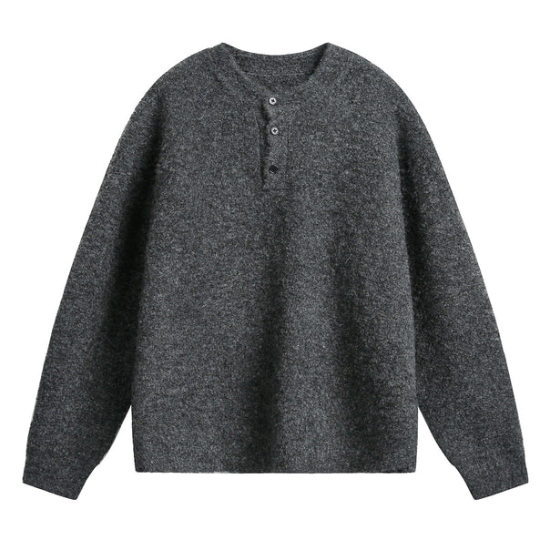 Unisex Chunky Knit Henley Sweater with Round Neck and Button Placket Mune Fashion