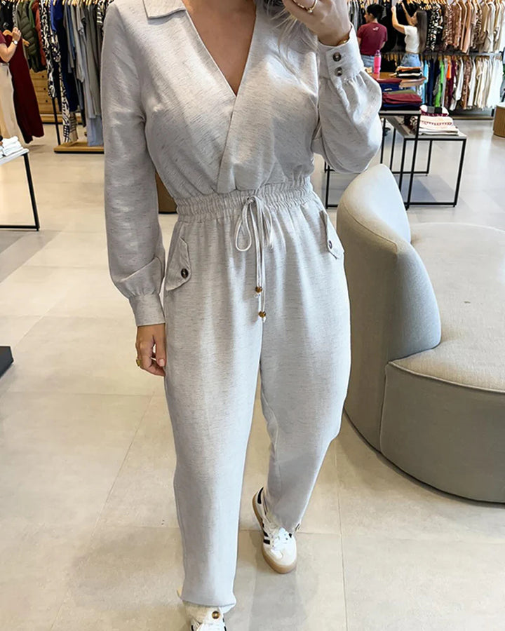 Women's Casual Jersey Jumpsuit with Wrap Collar, Drawstring Waist, and Patch Button Pockets Drune