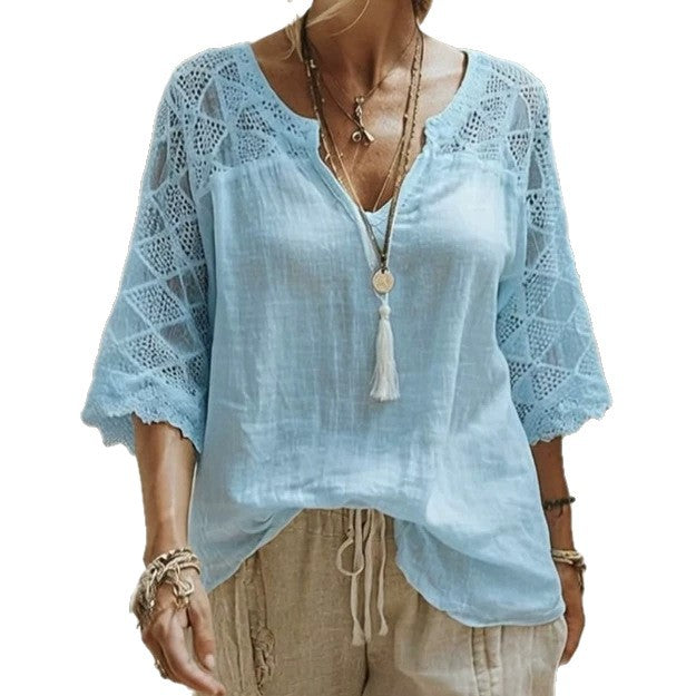 Women's locker-cut tunic with V-neck, crocheted yoke and elbow-length lace sleeves Mune Fashion
