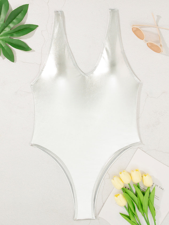 Women's One-Piece Swimsuit with Glossy Surface and Modern V-Neck Mune Fashion