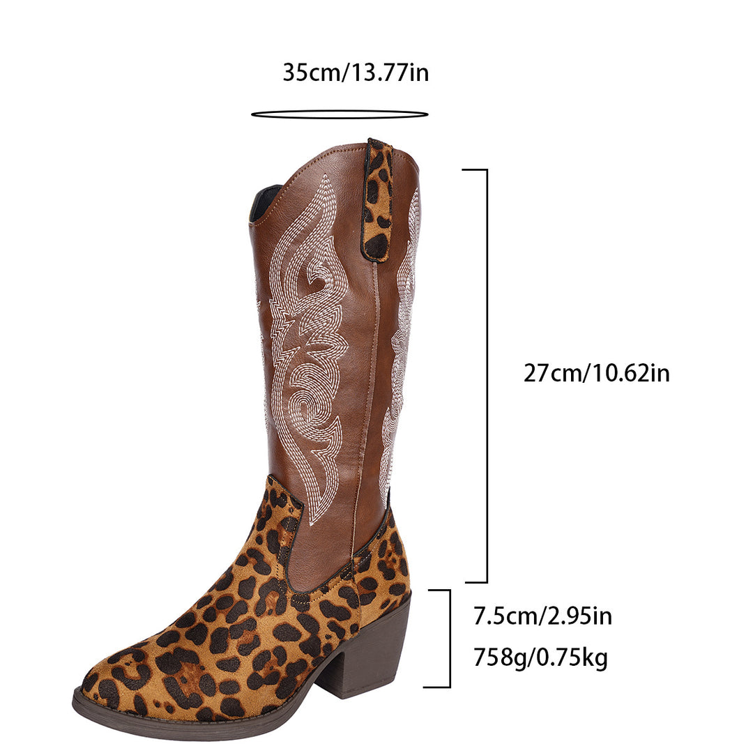 Women's cowboy boots in western look with leopard pattern, embroidered shaft and conical block heel Mune Fashion