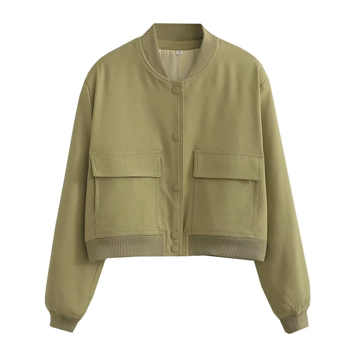 Women's short-cut bomber jacket with animal print, ribbed cuffs, patch pockets, and snap button closure Mune Fashion