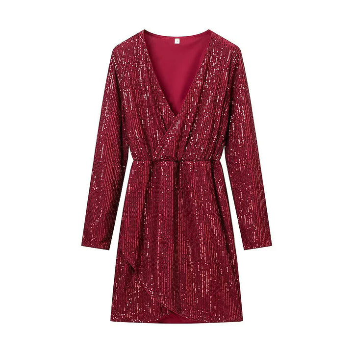 Women's wrap mini dress with sequin trim, deep V-neckline and fitted tie belt Mune Fashion