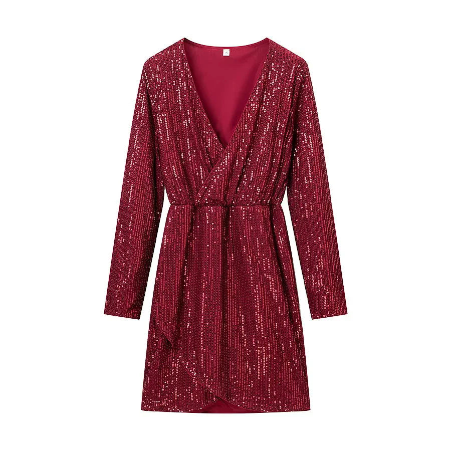 Women's wrap mini dress with sequin trim, deep V-neckline and fitted tie belt Mune Fashion