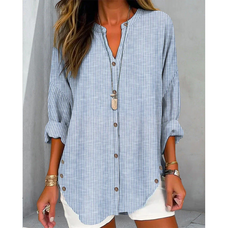 Ladies Oversize Linen Look Tunic Blouse with Stand Collar and Button Placket Mune Fashion
