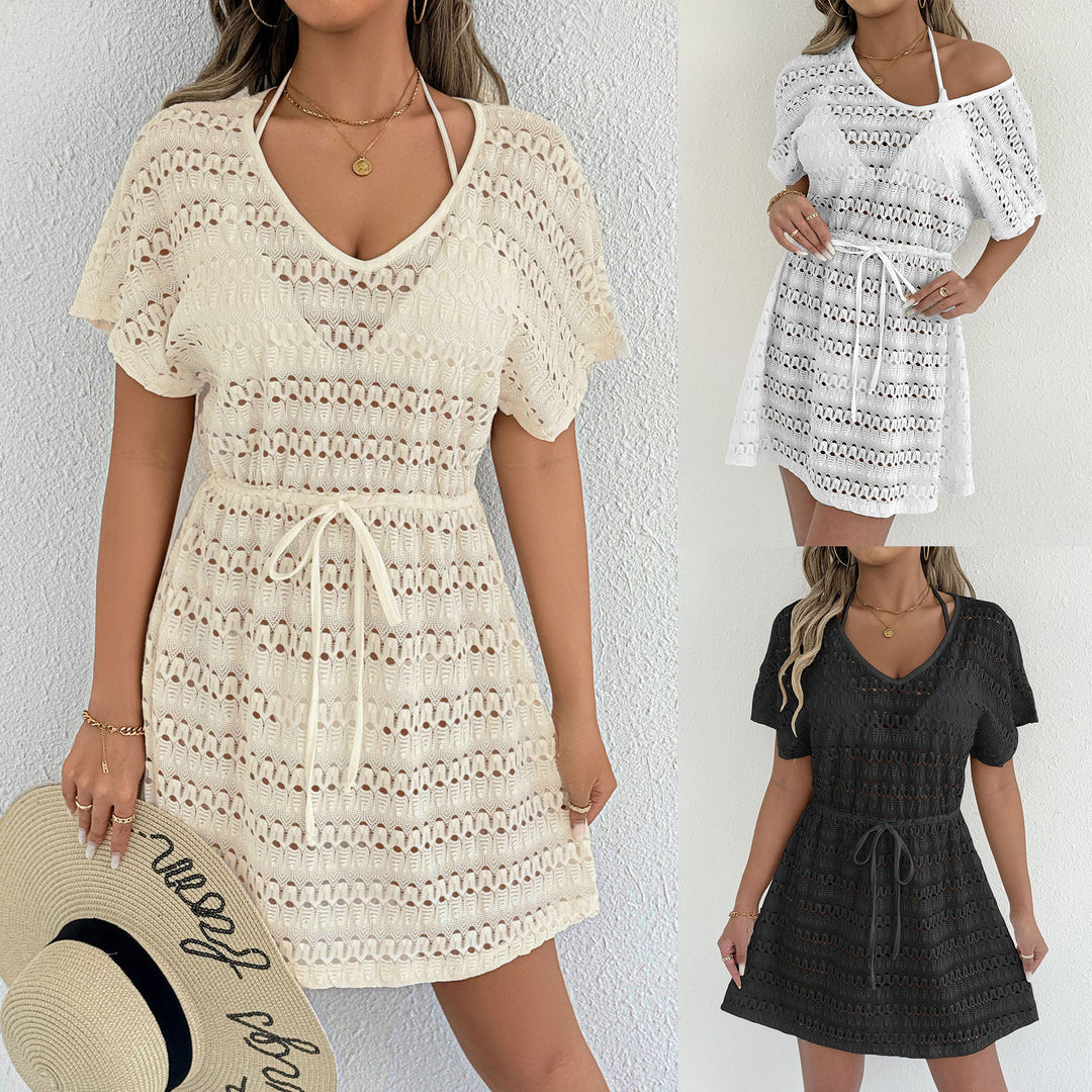 Women's airy crochet beach cover-up with adjustable waist drawstring Mune Fashion