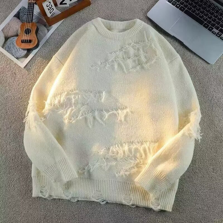 Unisex Oversized Round Neck Sweater with Destroyed Fringes and Ribbed Collar Mune Fashion