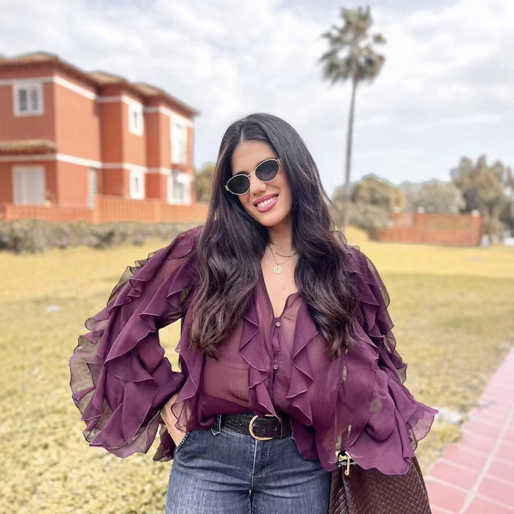 Women Transparent Ruffle Chiffon Blouse with Full Button Placket and Voluminous Balloon Sleeves Mune Fashion