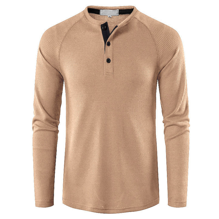 Men's structured henley long-sleeve shirt with waffle texture, half-button placket, and raglan sleeves Mune Fashion