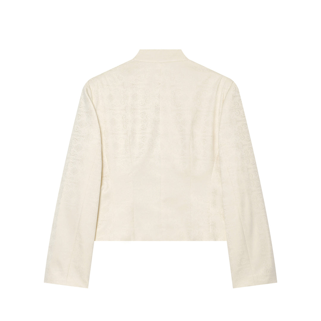 Women's Boxy-Cropped Jacquard Jacket with Stand Collar and Decorative Button Placket Mune Fashion