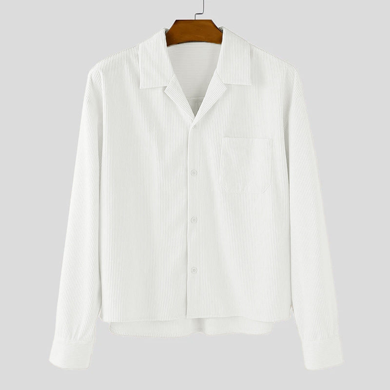 Men's ribbed long sleeve shirt with lapel collar, chest pocket, and relaxed fit Mune Fashion