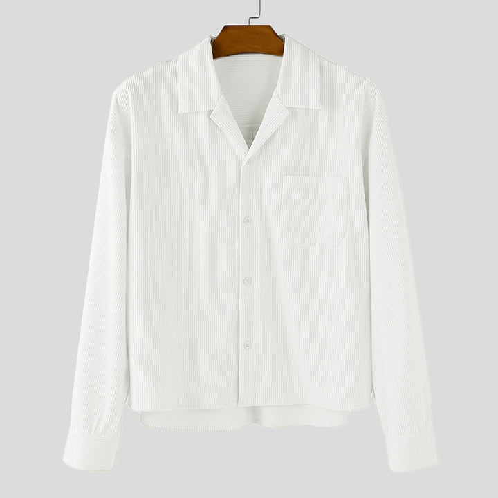 Men's ribbed long sleeve shirt with lapel collar, chest pocket, and relaxed fit Mune Fashion