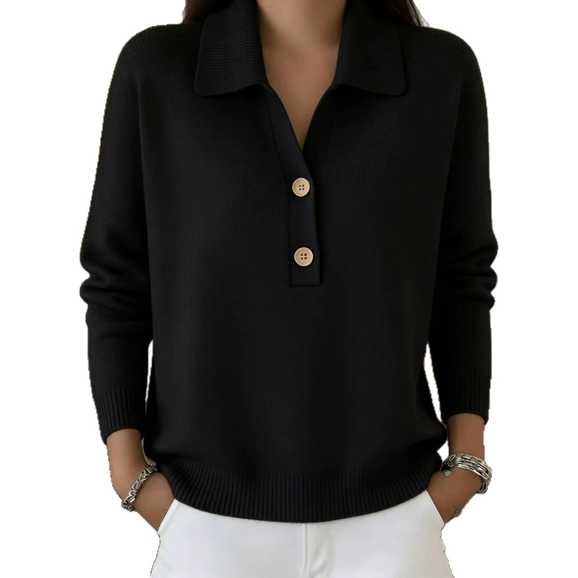Women's casual fine knit polo collar sweater with two-button placket Mune Fashion
