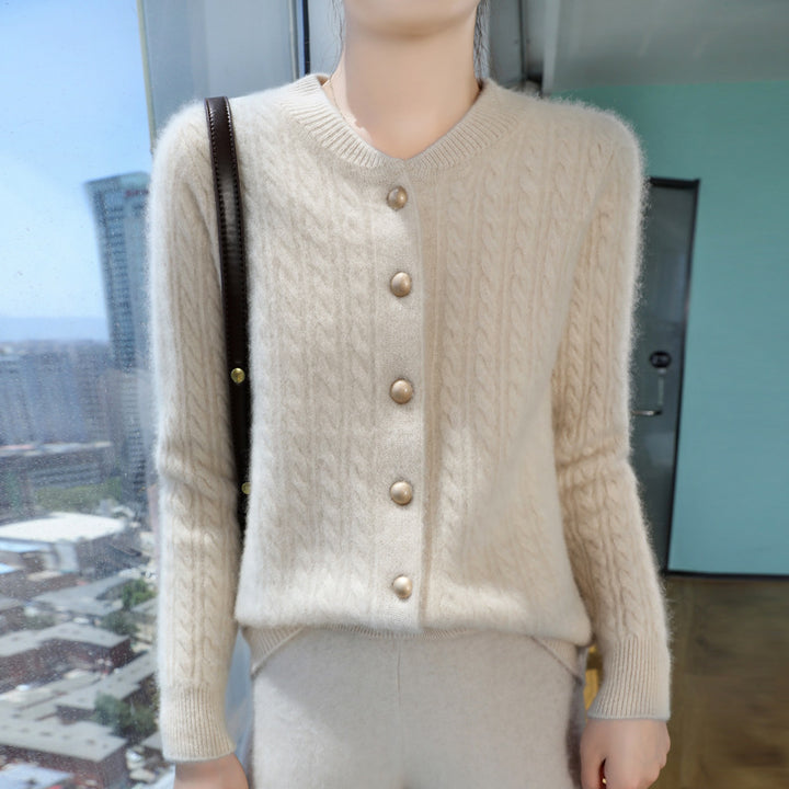 Women's Lightweight Cable Knit Cardigan in Mohair Look with Decorative Pearl Buttons Mune Fashion