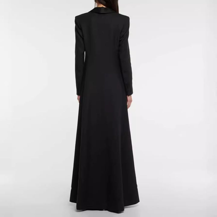Women's maxi dress in tuxedo style with deep V-neck and tailored single-button closure Mune Fashion