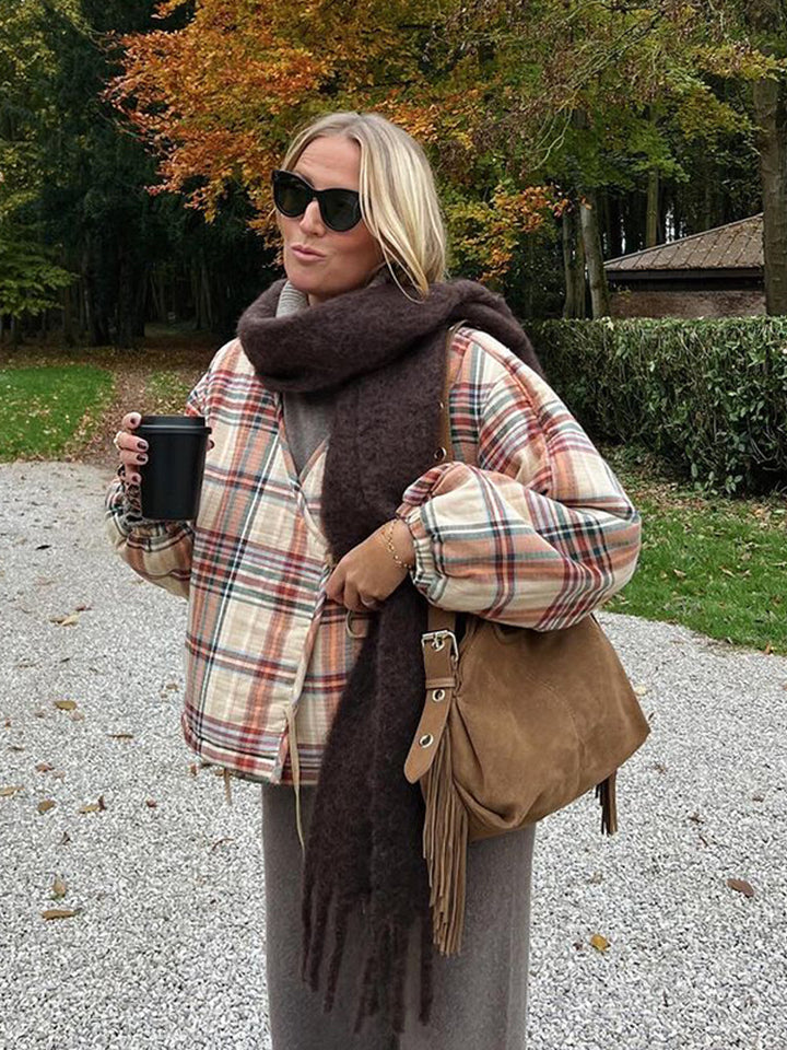 Women Padded Short Quilted Jacket in Check Pattern with Drawstring Hem and Oversized Sleeves Mune Fashion