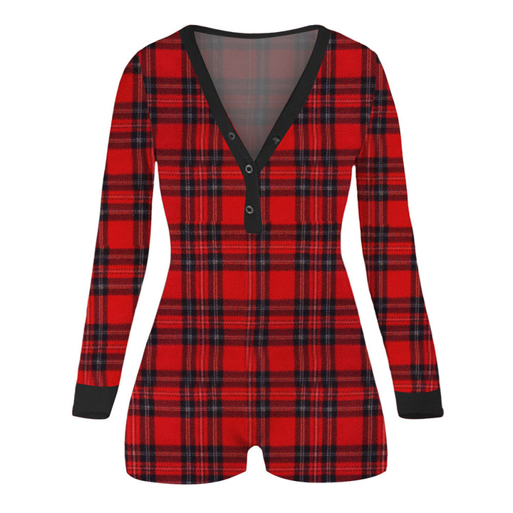 Women's Checked Long Sleeve Bodysuit with Practical Back Opening & Snap Closure Mune Fashion