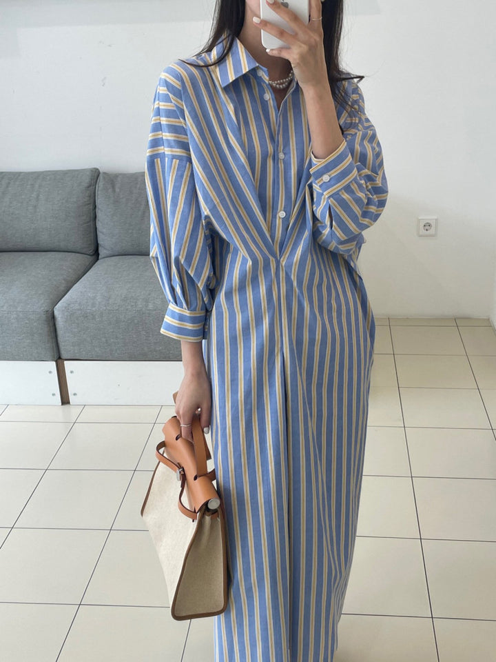 Women Striped Shirt Dress Maxi with Concealed Button Placket and Side Pockets Mune Fashion