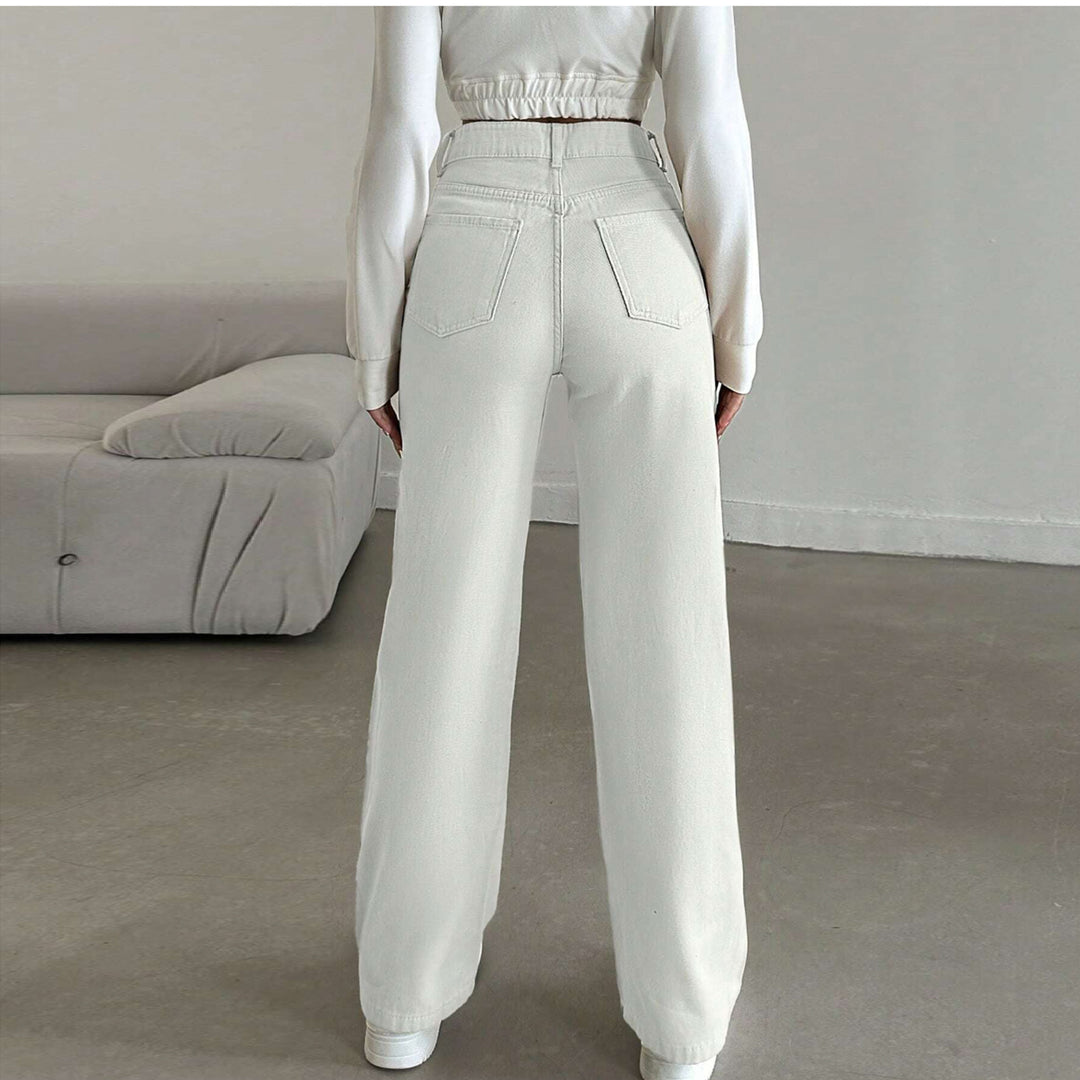 Women's High-Waisted Wide Five-Pocket Pants Made of Stretch Denim with Flared Leg Mune Fashion