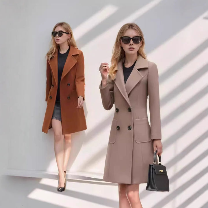 Women's Mid-Length Wool Blend Coat with Wide Lapels and Tailored Fit Mune Fashion