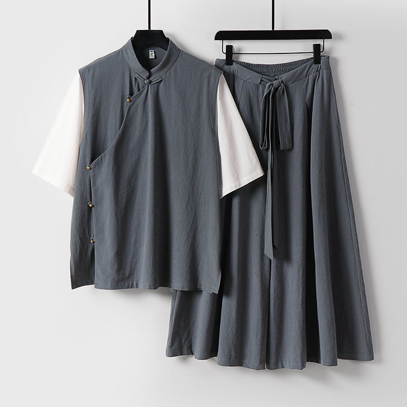 Women's Two-Piece Kimono Loungewear Set made of Linen Blend with Stand Collar Asymmetrical Button Placket and Wide Palazzo Skirt Mune Fashion