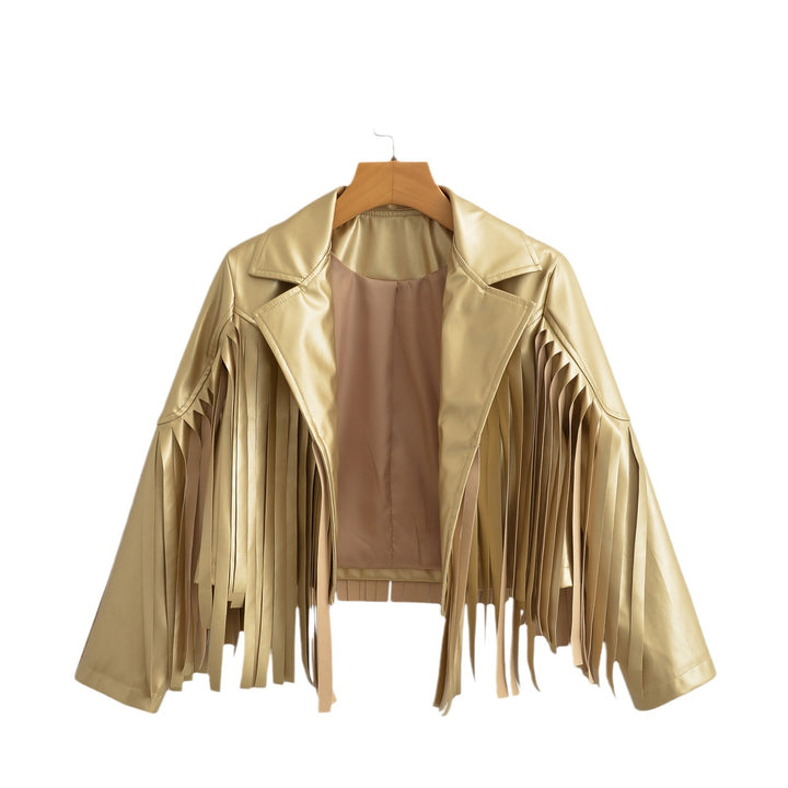Women’s short jacket in biker style with metallic look and long leather fringes Mune Fashion