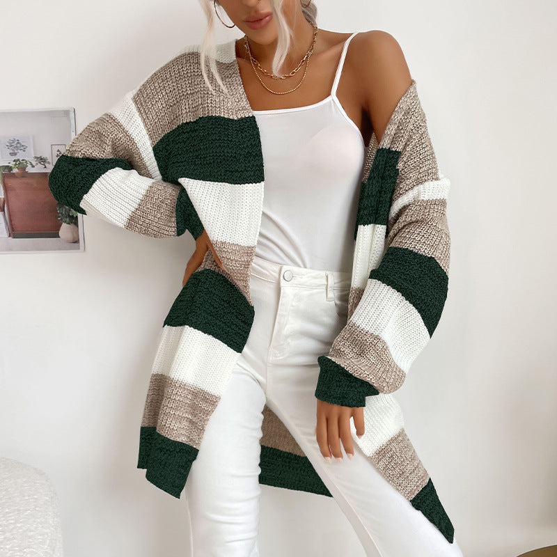 Women's Long Oversized Knit Cardigan with Block Stripes and Open Front Mune Fashion