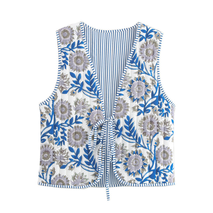 Ladies Quilted Waistcoat with Toile Print, Striped Lining and Drawstring Mune Fashion