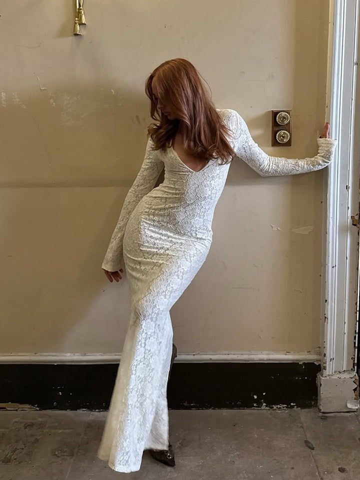 Women Bodycon Lace Mermaid Maxi Dress with Deep V Neck and Long Bell Sleeves Mune Fashion
