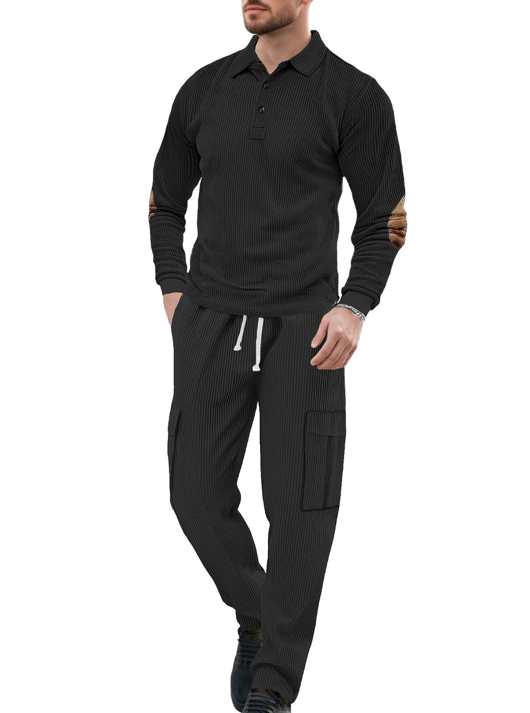 Men's nano ribbed lounge set with polo collar elbow patches and cargo pants Mune Fashion