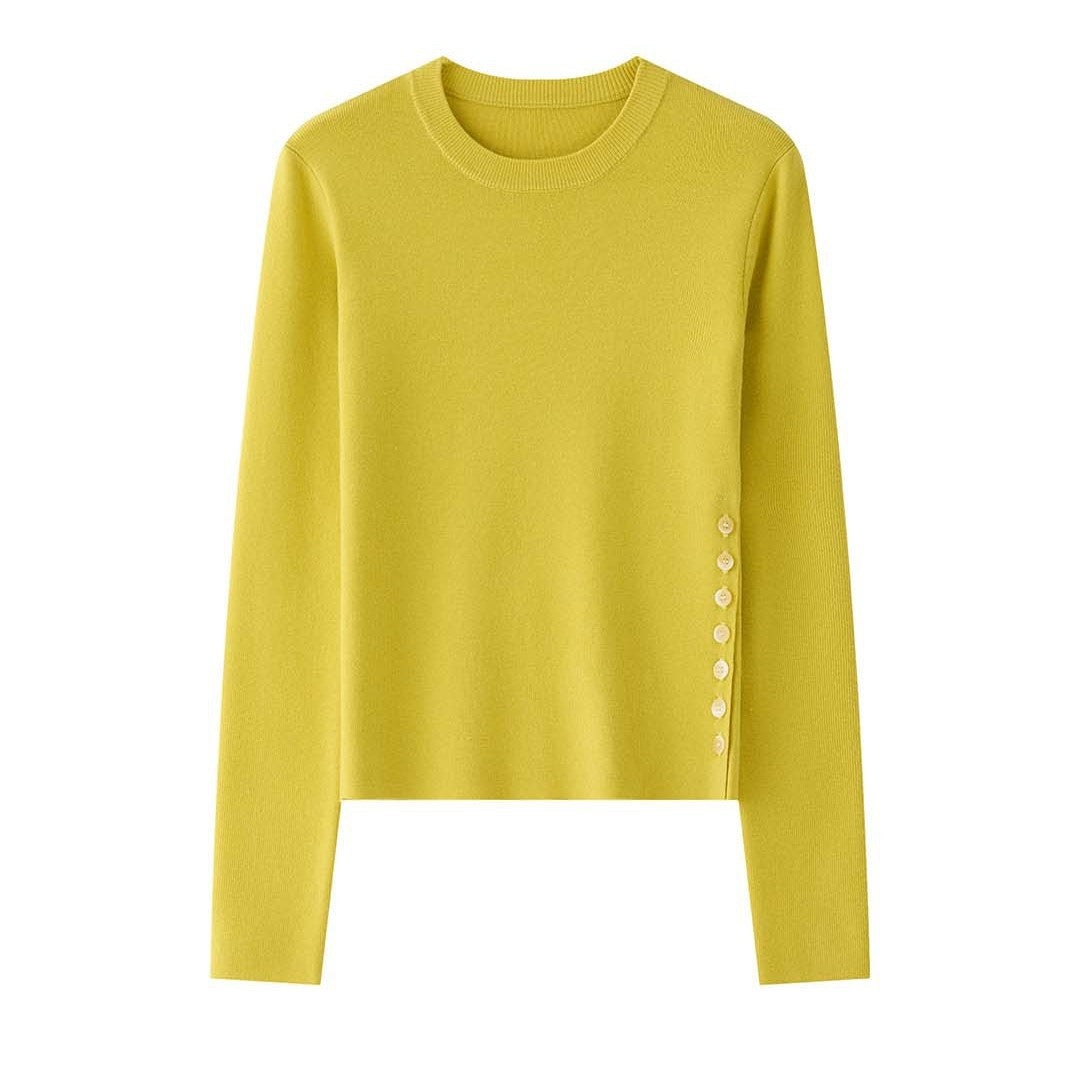 Women’s Figure-hugging Fine Knit Sweater with Round Neck and Decorative Side Button Placket Mune Fashion