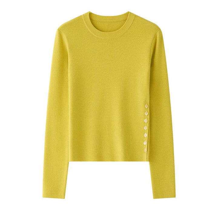 Women’s Figure-hugging Fine Knit Sweater with Round Neck and Decorative Side Button Placket Mune Fashion