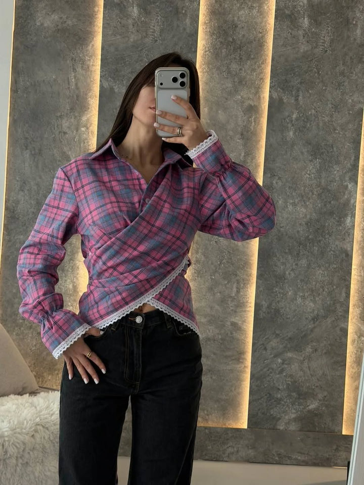 Women's checked shirt with lace trim and asymmetrical wrap hem Mune Fashion