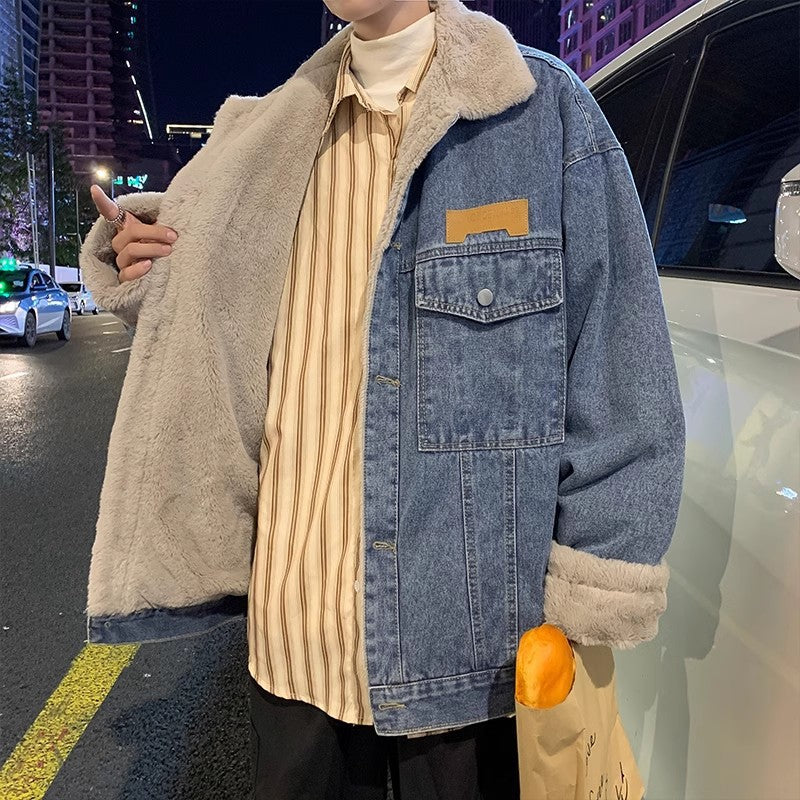 Men's Casual Denim Jacket with Faux Fur Collar Mune Fashion