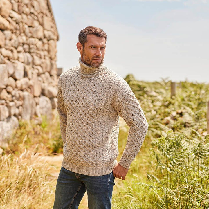 Men's knit pullover with stand-up collar and cable pattern