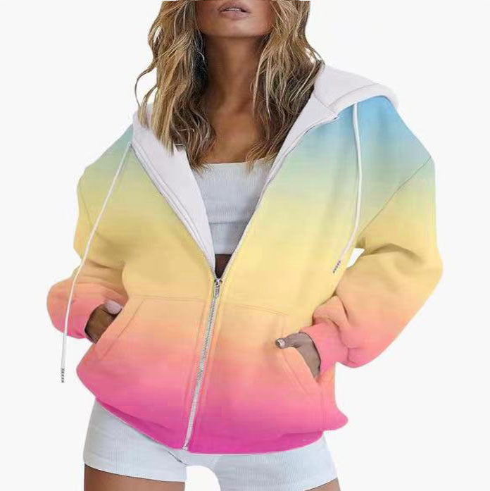Women Oversize Hoodie Jacket with Gradient Color, Zipper and Kangaroo Pockets Mune Fashion