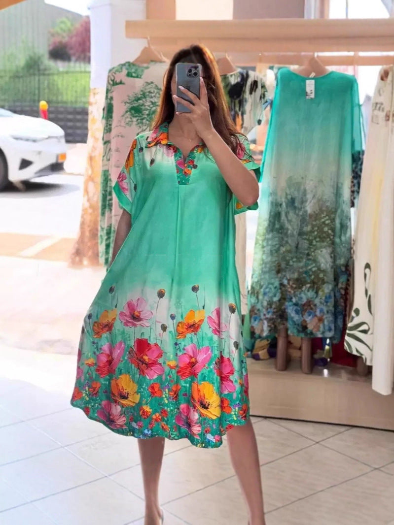 Women's lightweight shirt dress with floral border print, open V-neck and side pockets Mune Fashion