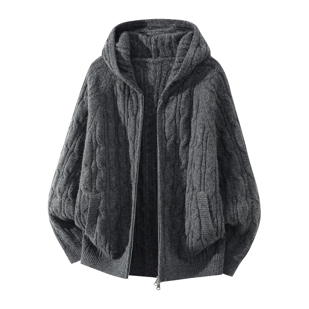 Women's Oversized Hooded Cardigan with Cable Knit Pattern and Separating Zipper Mune Fashion