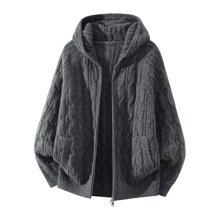 Women's Oversized Hooded Cardigan with Cable Knit Pattern and Separating Zipper Mune Fashion