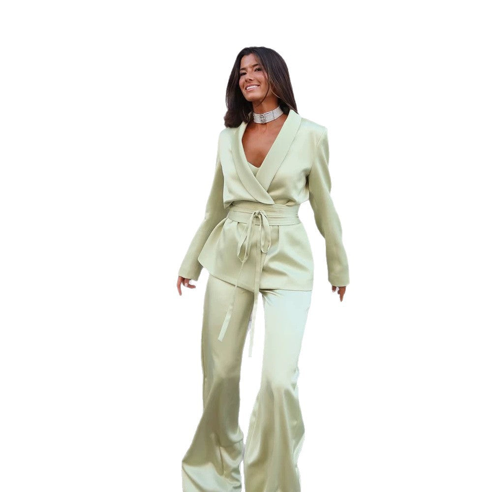 Women's Satin Two-Piece with Fitted Wrap Blazer and Wide Palazzo Pants Mune Fashion