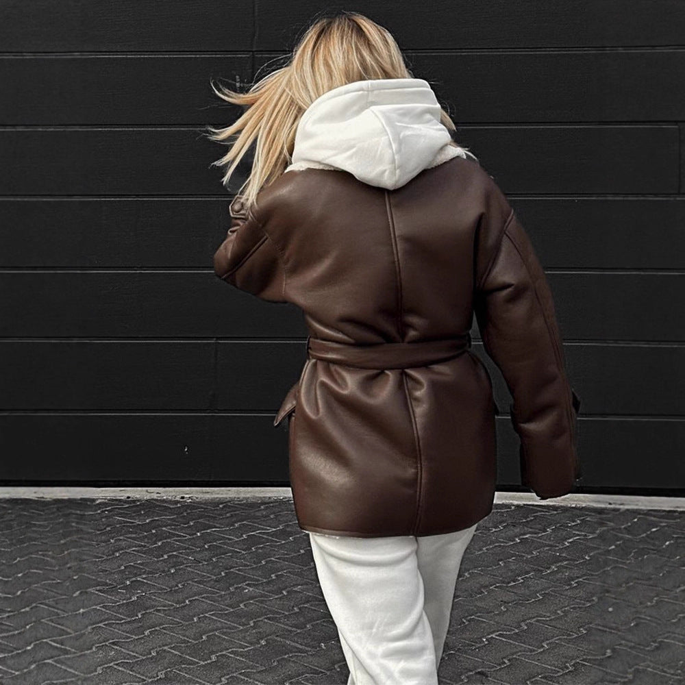Women Oversized Sheepskin Imitation Coat with Contrasting Shawl Collar and Tied Belt Mune Fashion