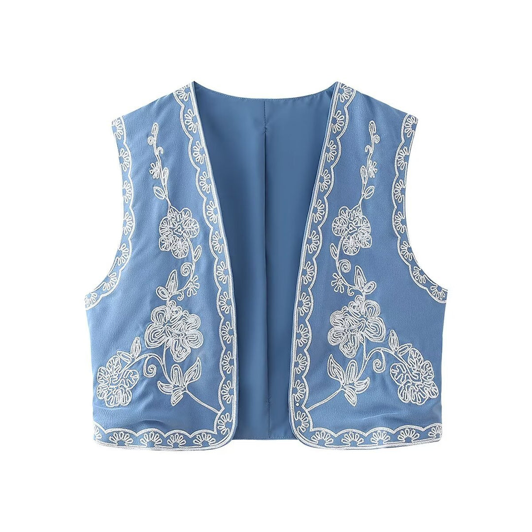 Women's embroidered short vest with floral embroidery, open front and fine hem decoration Mune Fashion